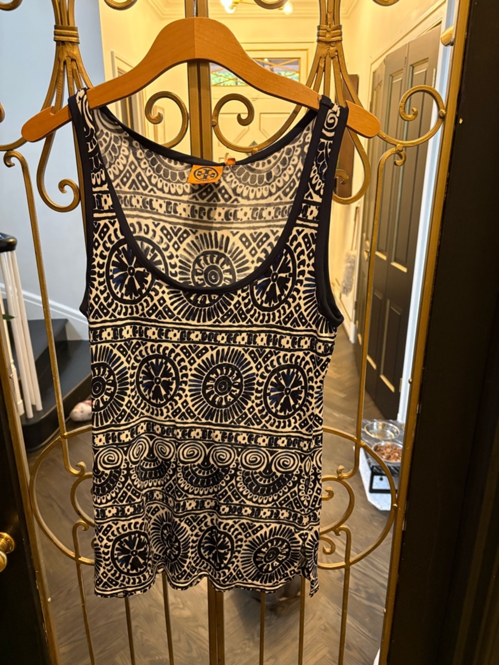 Navy & White Printed Scoop Neck Tank Top Tory Burch size small over sized rayon